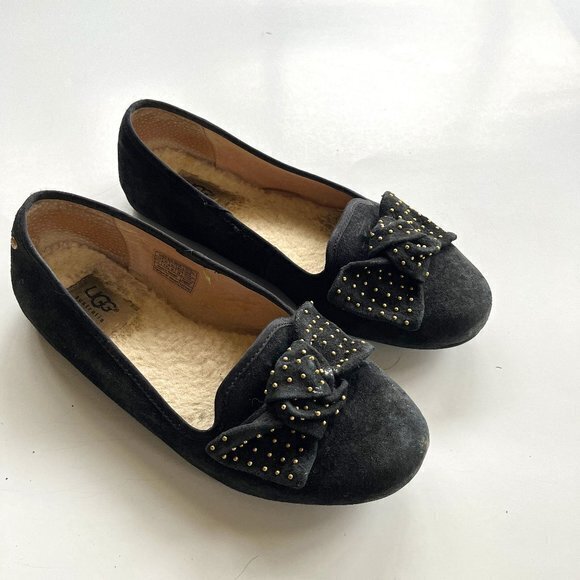 UGG Alloway Studded Bow Womens Meena Jav Moccassin Black Suede Wool Shoes Size 7 - Picture 2 of 6